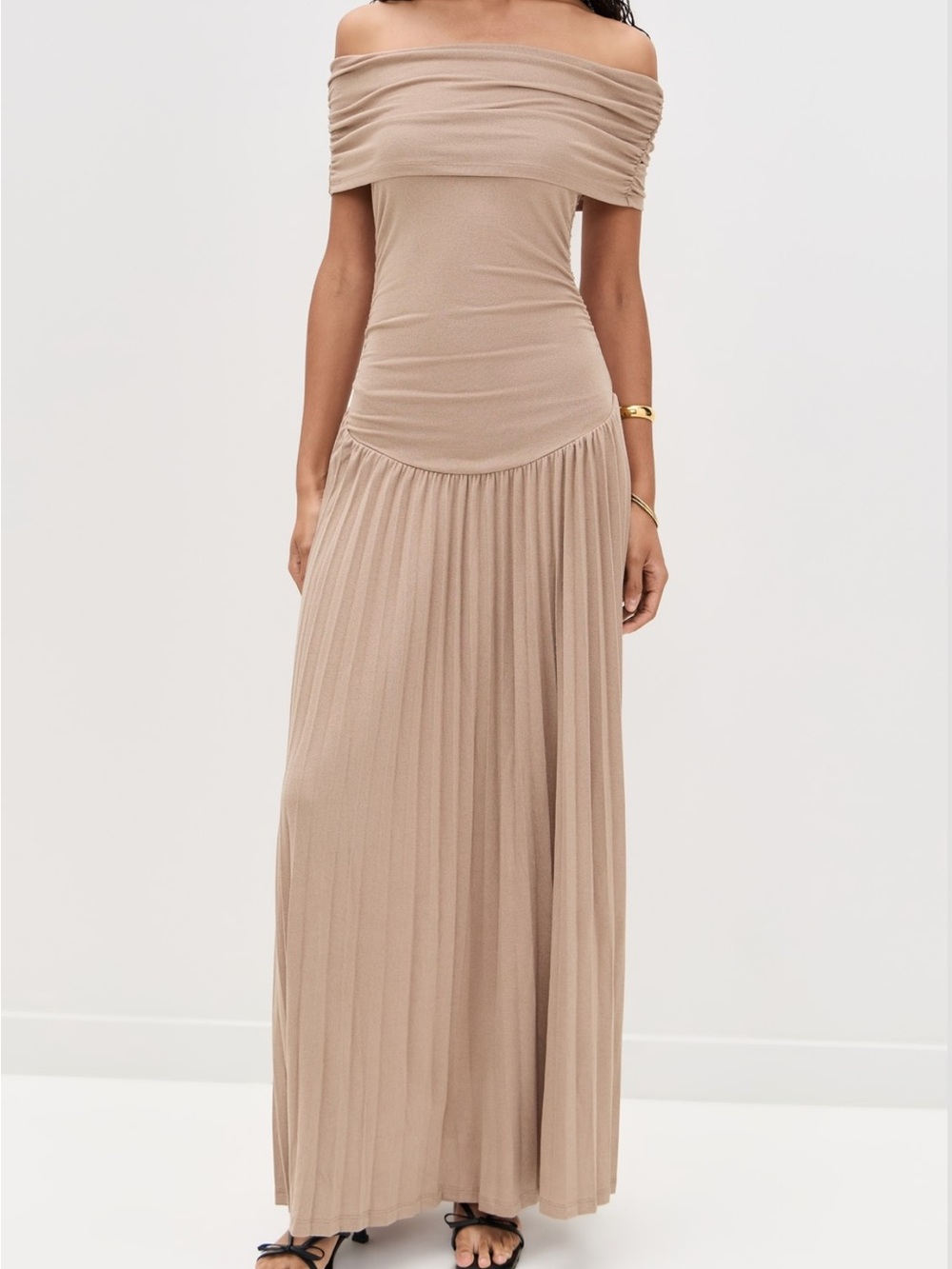 Lioness Off-Shoulder Pleated Maxi Skirt Dress in Taupe - Picture 2 of 12